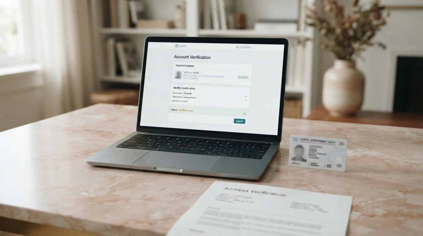 An identity card and address document beside a secure account screen