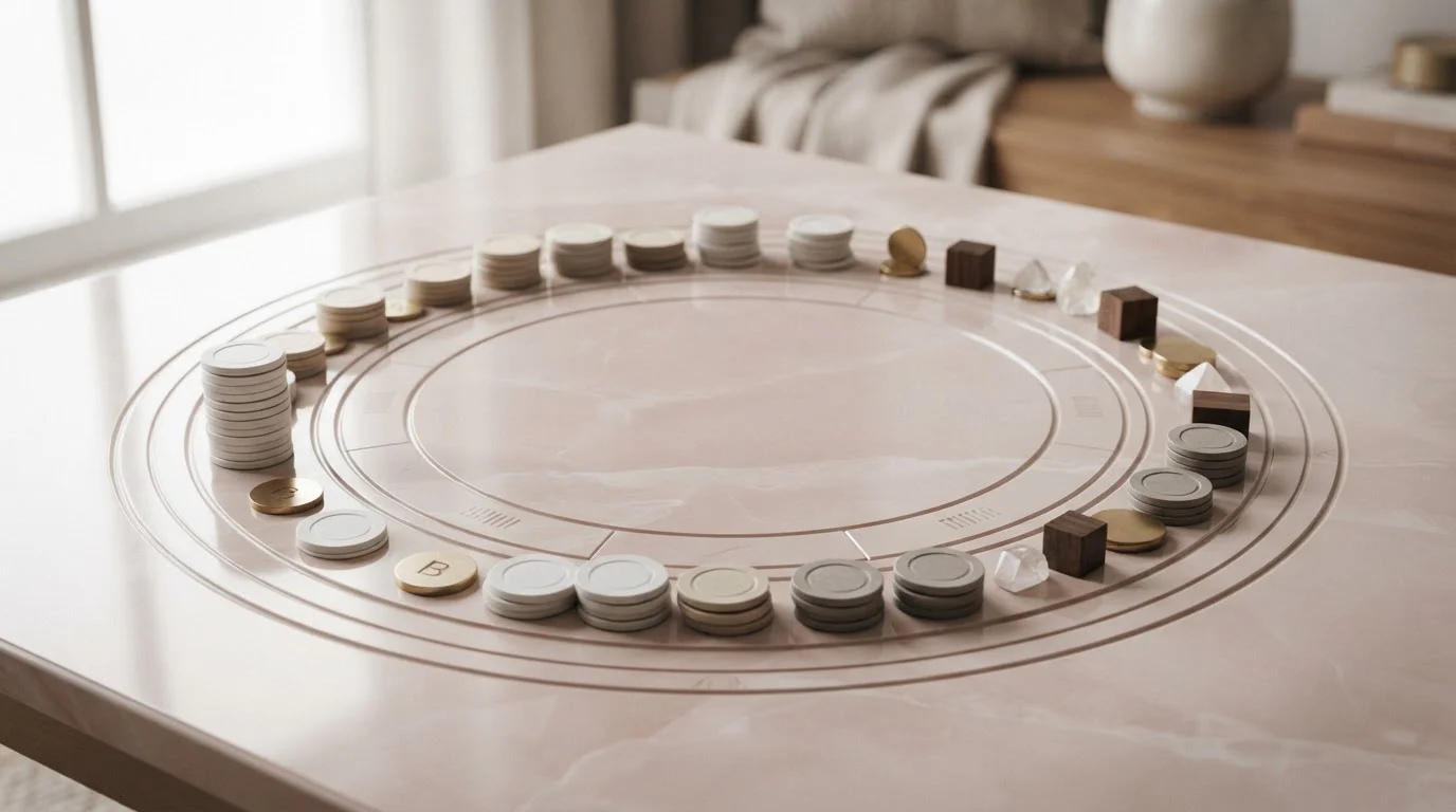 Casino chips arranged around a simple turnover path