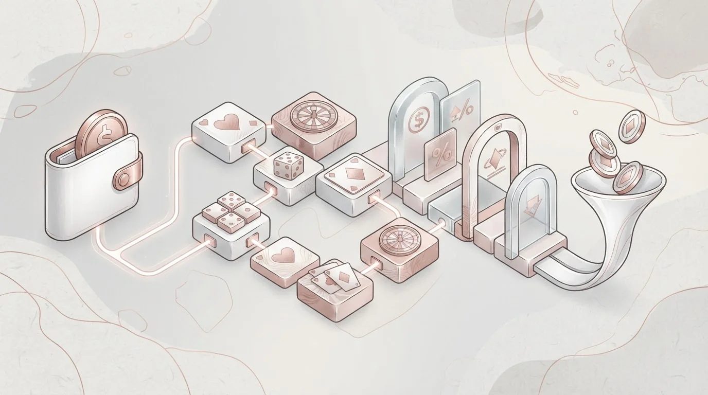 A crypto wallet beside casino game tiles and a simple transaction flow