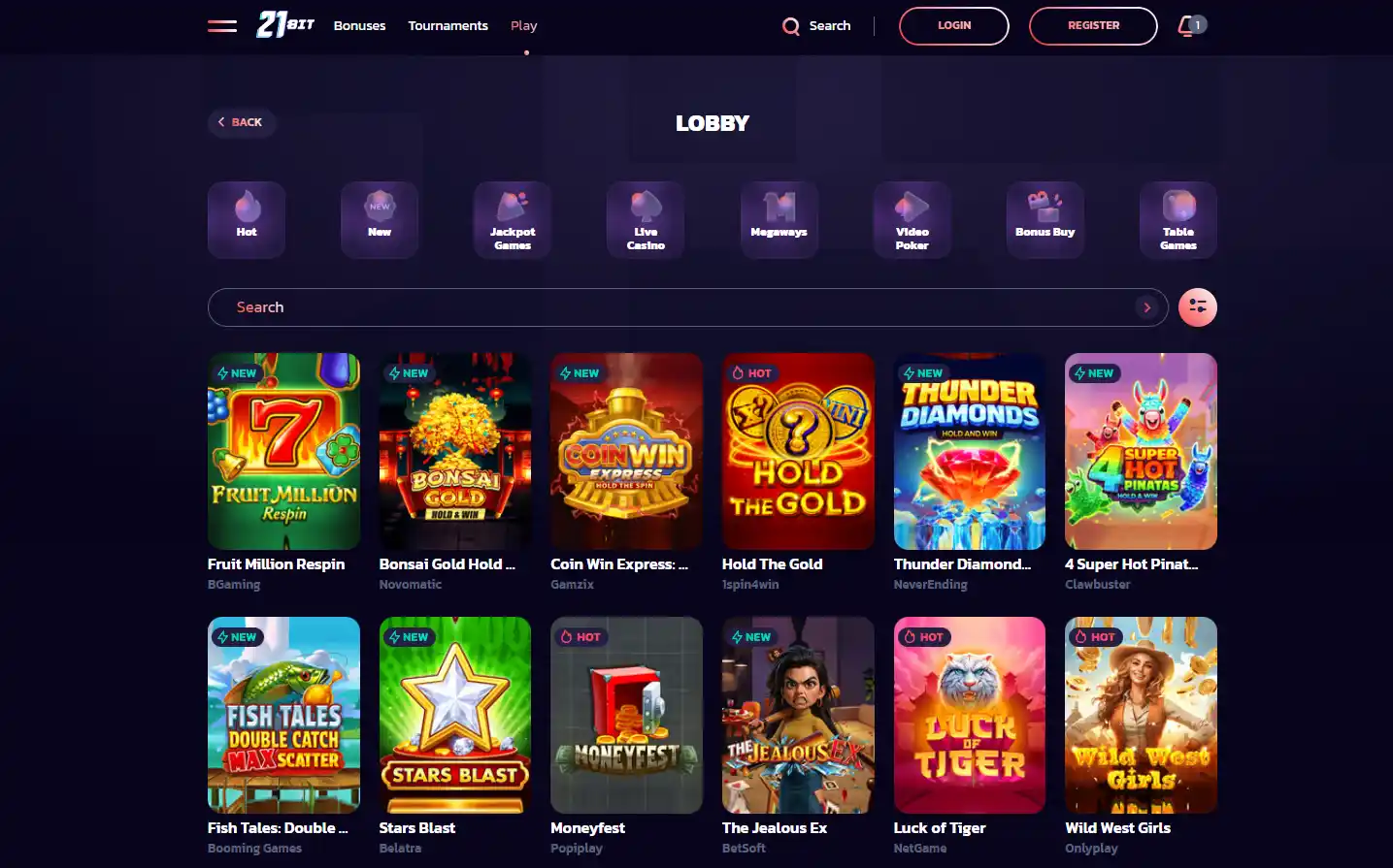 The 21Bit game lobby with game tiles and navigation across the screen
