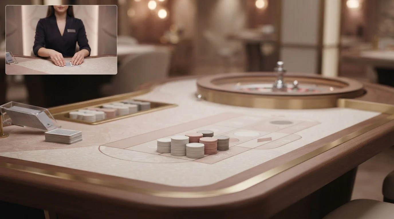 A live casino table interface with cards, chips and a streaming panel